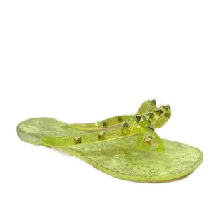 Women's Neon Green Bow Knot Rivet Perspex Flip Flops (DS-09) - PU Sandals, PVC Sole Slip-On Walking Shoes, Gold Decor Accents, Arch Support, Casual Summer Flipflop Footwear