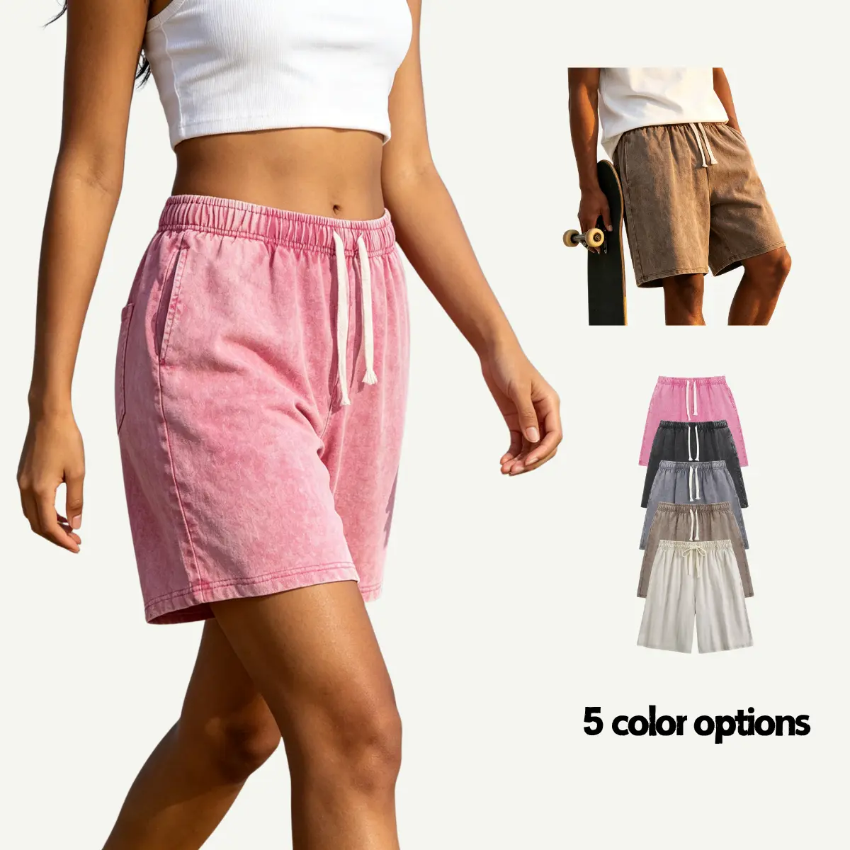 Women's Cotton Sweat Shorts, Baggy Acid Washed Knee-Length Shorts with Elastic Waistband, Drawstring and Pockets for Summer Lounge, Athletic Workout Shorts