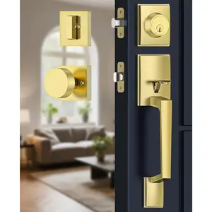 Front Door Handle and Deadbolt Set,  Front Door Lock Set with Modern Knob, Exterior Entry Lock with Adjustable Single Cylinder Deadbolt, Reversible for Right & Left