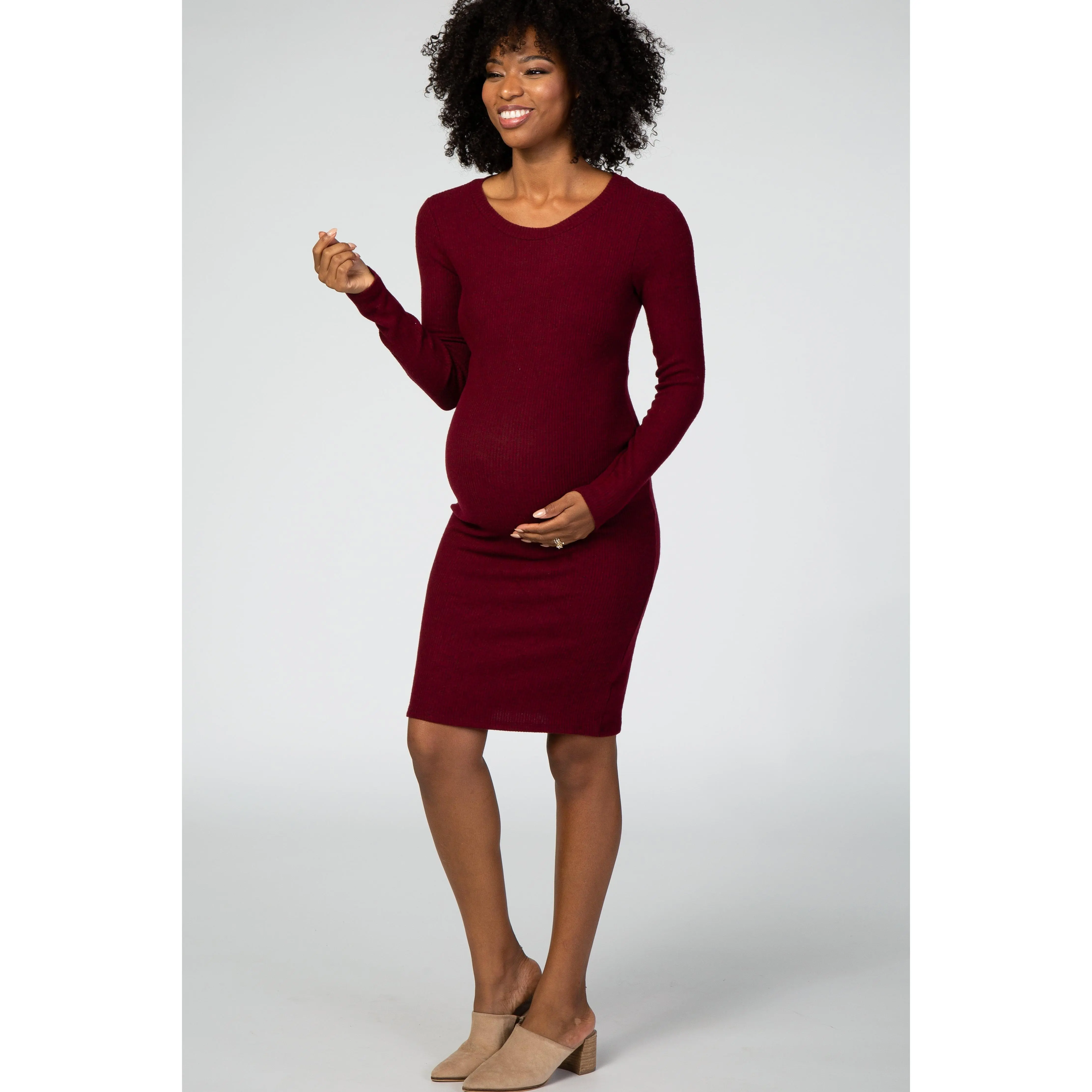 Maternity Burgundy Ribbed Long-Sleeve Knit Sweater Dress - Stretchy Baby Bump Comfort Design, Small/Large Sizes (Implicit Guidance for "Not Sure" Shoppers), Final Sale - No Returns or Exchanges