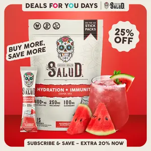 Salud 2-in-1 [Hydration + Immunity - Watermelon Margarita] Electrolytes Powder, Agua Fresca Drink Mix, Elderberry, Dairy & Soy Free, Non-GMO, Gluten Free, Vegan, Low Calorie, 1g Sugar (15 Servings), Deals For You Days