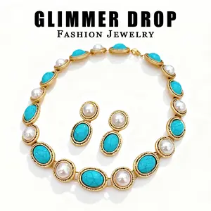 【Glimmer Drop】Vintage Turquoise & Pearl Jewelry Set - Retro Luxury Ear Studs & Choker Necklace, High-End Aesthetic Jewelry Set