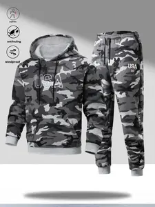 Men's Camouflage Hoodie Set Outdoor Casual Style with Adjustable Drawstring, Fits Snugly Around the Head. Top and Pants from the Same Series Feature Matching Camouflage Patterns. USA Letter Print Adds Trendy Style. Large Pocket on the Jacket and Drawstrin