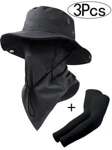 3Pcs- Wide Brim Sun Hat Set with Face Neck Protection, Lightweight Breathable Fabric, Unisex Summer Outdoor Activities, Sun Bucket Hat