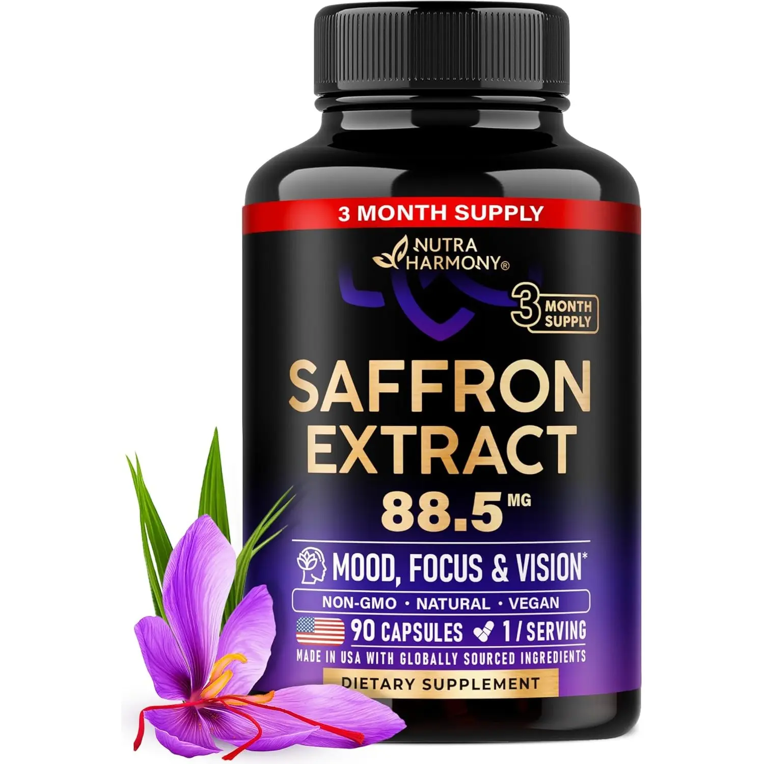 Natural Saffron Extract 88.5 mg - Made in USA for Mood, Focus, Vision, Energy Support - Non-GMO Vegan Pills - 90 Powder Capsules, 3 Month Supply