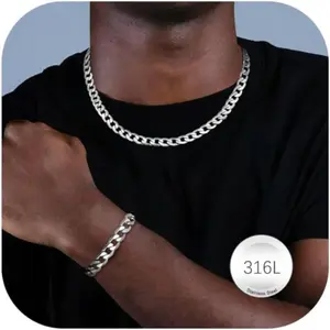 MILACOLATO Men Sturdy Cuban Chain Necklace Bracelet Set 5/9mm Width, 18" 20" 22" Length, Silver Tone 316L Stainless Steel Mens Chain Necklace Bracelet for Boy Hip Hop Jewelry Men's Jewellery