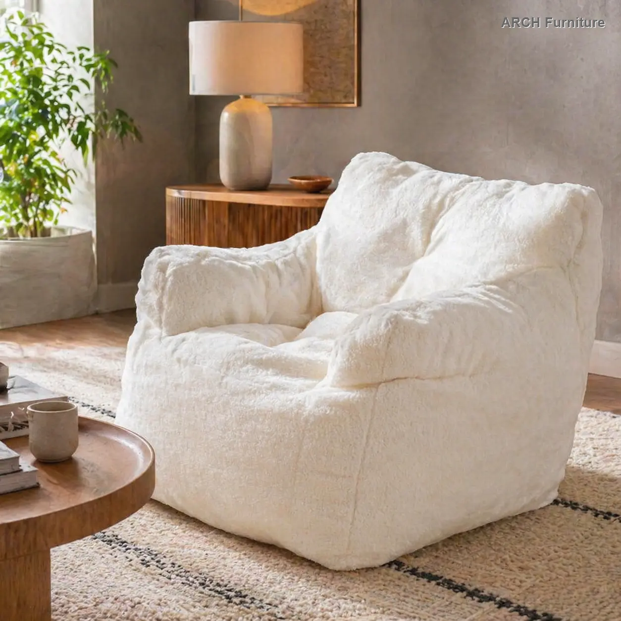 010 Tufted Boneless Sofa Chair - Ivory White Indoor Furniture, Teddy Fabric Foam-Filled Upholstered Soft Couch for Bedroom