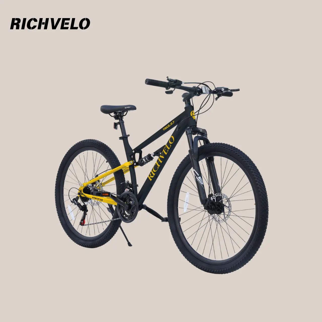 Richvelo 24-inch full suspension mountain bike, with shift handlebar featuring gear indicator, high-carbon steel frame, mechanical disc brakes, suitable for both boys and girls of young age, and highly suitable for off-road cycling.
