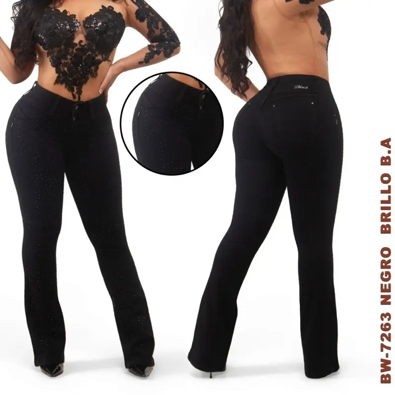 Women's Colombian Style Elegant Jean Pants - B72-63 Luxury Women's Clothes Bottoms with Black Color, Rhinestones, Sparkle Accents and Glam Detail for Elegance