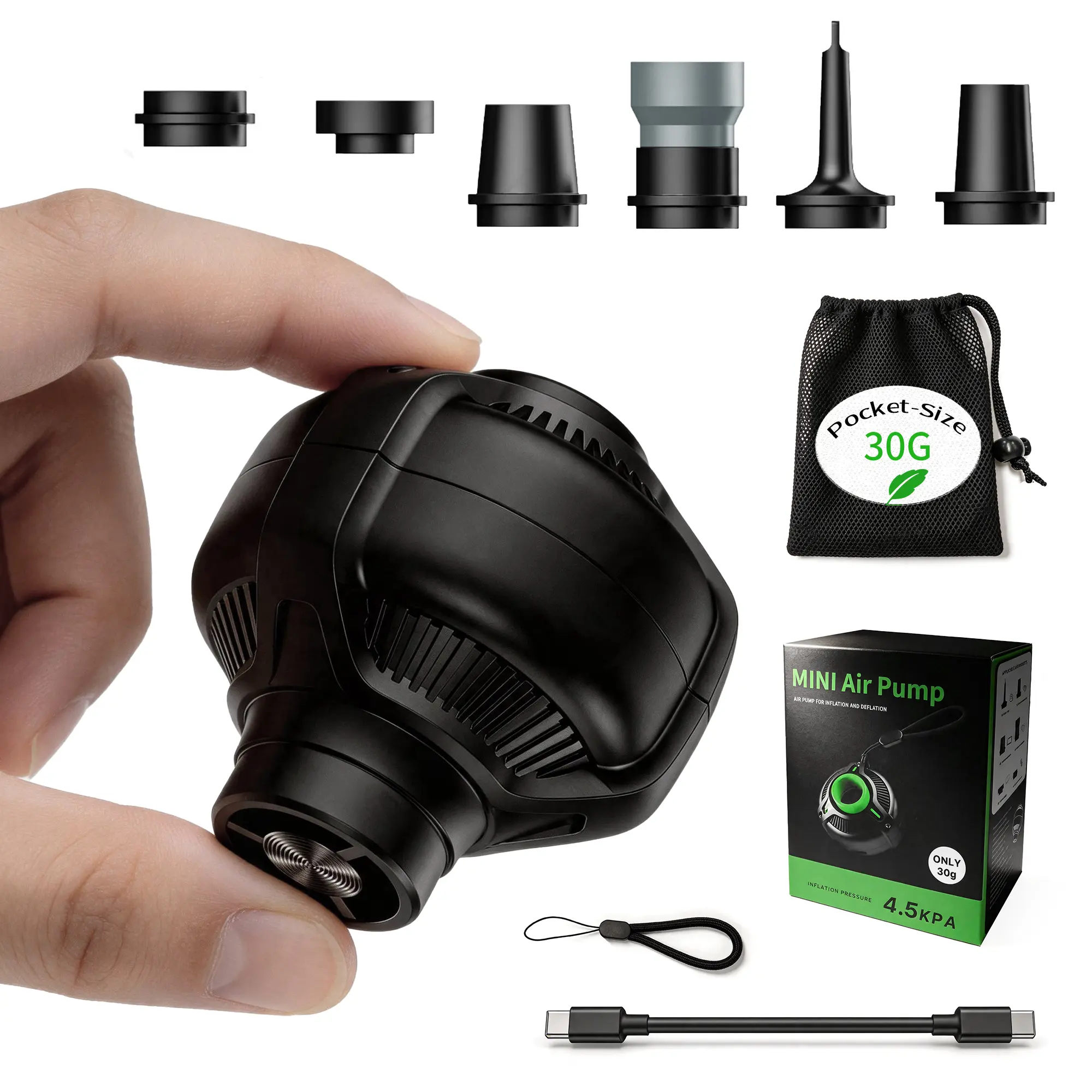 Mini Air Pump for Camping - 4.5 kPa Pressure, 300 L/min Airflow, 1 oz Weight, Mobile Phone-Powered, Inflation/Compression Function, 6 Nozzles - Compatible with Self Inflating Sleeping Pad & Travel Gear