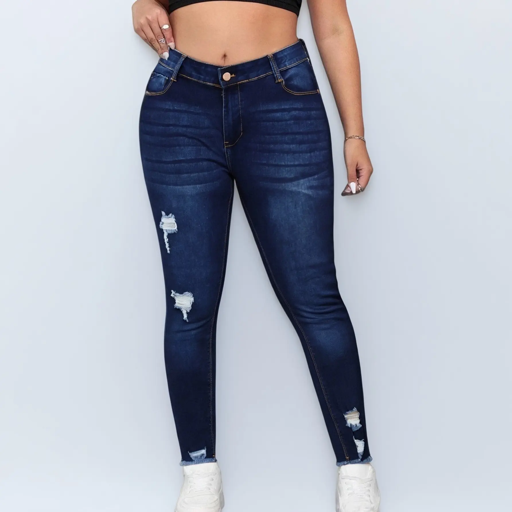Ladies Large Size Dark Blue Fashion Versatile Ripped Casual Jeans, Comfortable Slim Jeans, Suitable for Dating, Daily, Work, Parties barrel jeans outfit purplejean High Rise Bootcut Jeans with Distressing