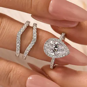 MAXINEJEWELRY Women's 2-Piece Insert Bridal Jewelry Set, 2.2ct Pear Cut 5A Cubic Zirconia Engagement Rings, Ideal for Proposal, Anniversary
