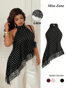 Women's Plus Size Halter Neck Top Polka Dot Sleeveless Blouse Asymmetrical Lace Trim Flowy Shirts Elegant Evening Party Date Night Clubwear Casual Summer Boho Vacation Outfits Y2K Streetwear Trendy Womenswear