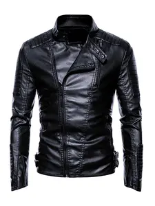 Pocket Button Pu Leather Men's Winter Jackets, Casual Fitted Jackets, Slim Casual Stand Collar Long Sleeve Zipper Outerwear Solid Color Coat for Fall & Winter, Button and Pocket Design Vintage Jacket