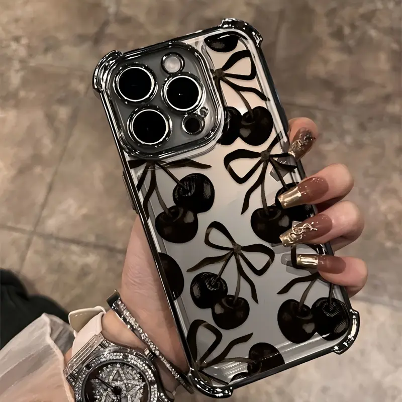 Transparent TPU Soft Back Smartphone Cover - Fashionable Black Cherry Design, Shockproof Protective Cellphone Accessory, Compatible with iPhone 17,16,15,14,13,12,11,X,XS,XSMAX, Ideal Holiday Gift summerwins