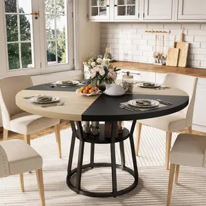 Garvee 47 in Inch Round Dining Table for 4, Farmhouse Dining Room Circle Dinner Table,Space Saving Wood Kitchen & Dining Room Furniture, Round Tables with Storage and Metal Legs, Black Wood (Only Table)