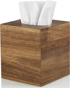 Tissue Box Cover Square - Acacia Wood Tissue Box Holder for Tabletop Night Stands Bathroom Office - Decorative Facial Cube Tissue Box Cover for Modern Farmhouse Decor