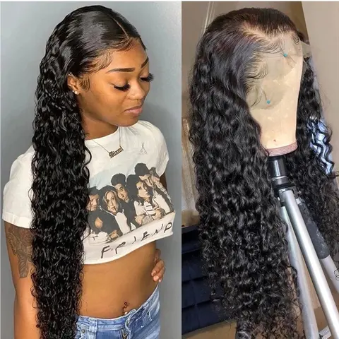13x6 HD Lace Front Human Hair Wigs Deep Wave Transparent HD Lace Frontal Wig Pre Plucked Bleached Knots Glueless Wigs for Black Women Raw Virgin Hair Curly Real Human Hair Wigs Natural Hairline Melt Skin Lace Ready to Wear Wig Daily Wear 30 Inch