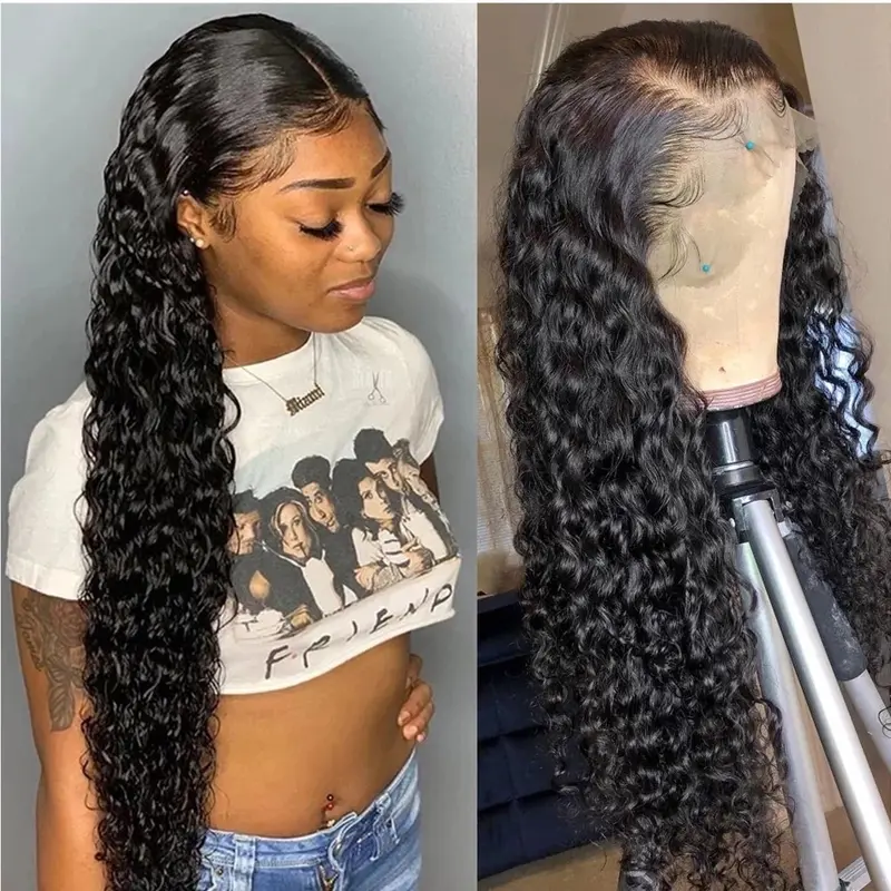 13x6 HD Lace Front Human Hair Wigs Deep Wave Transparent HD Lace Frontal Wig Pre Plucked Bleached Knots Glueless Wigs for Black Women Raw Virgin Hair Curly Real Human Hair Wigs Natural Hairline Melt Skin Lace Ready to Wear Wig Daily Wear 30 Inch