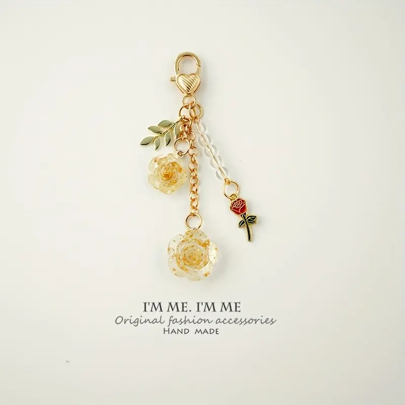 Single Red Rose & Camellia Resin Keychain with Golden Lobster Clasp - Elegant Car Keychain, Flower Keychain, USB Disk Holder, Mother’s Day Gift for Women, Cute Floral Pattern Keychain, Aesthetic Keychain, Resin Keyring