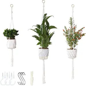 3 Pack Macrame Plant Hanger Indoor, 35 41 47 Inch Handmade Boho Hanging Planter Basket with Screw Hooks S-Hooks and Extension Rope for Indoor Plants Home Decor (POTS NOT Included) (White)