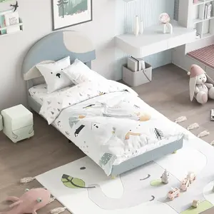 Oval Two-Tone Lamb Fleece Platform Bed – Soft Arch Headboard, Wooden Slats, No Box Spring, Available in Twin Blue/Ivory, Full Blue/Ivory, or Twin Pink/Ivory