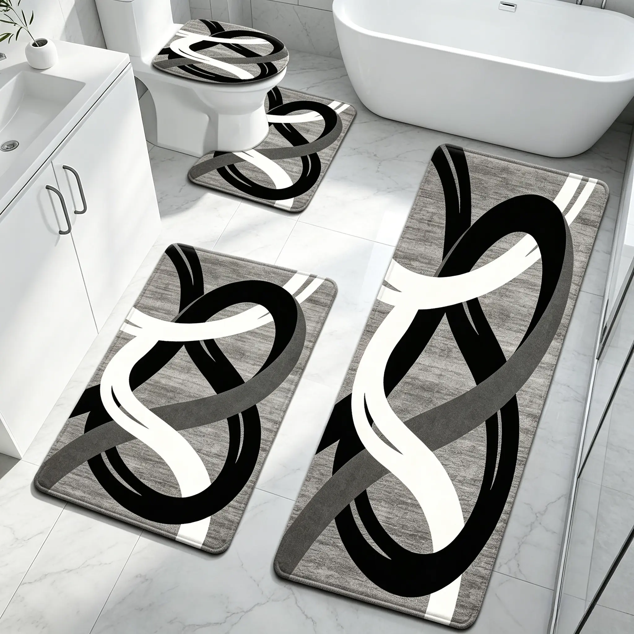 3/4 Piece Flannel Bathroom Rug Set, Lightweight Quick Dry Abstract Swirl Bath Mat Combo, Soft Absorbent Non-Slip Washable Bath Rug Kit for Modern Bathroom Decor