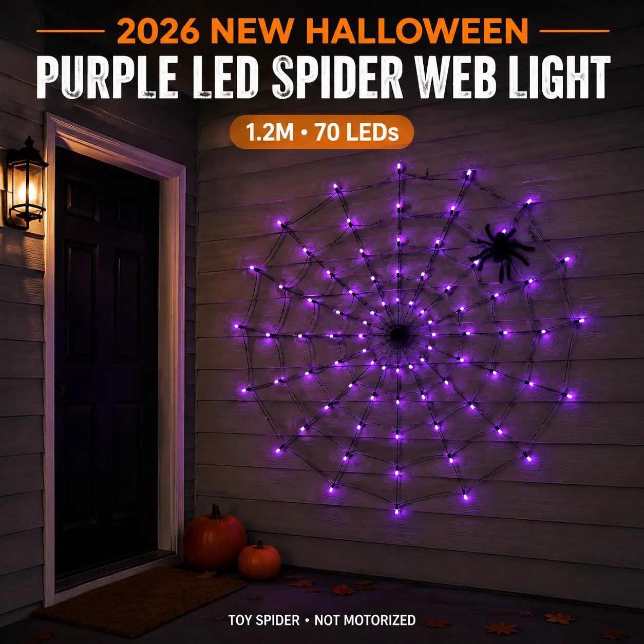 2026 New Spooky Purple LED Web-Shape Lights Set, 1.2M 70 LED Hanging Web with 30CM Plush Spider, Remote Control, 8 Lighting Modes, Battery-Powered Porch Party Decoration (Comes with Box)