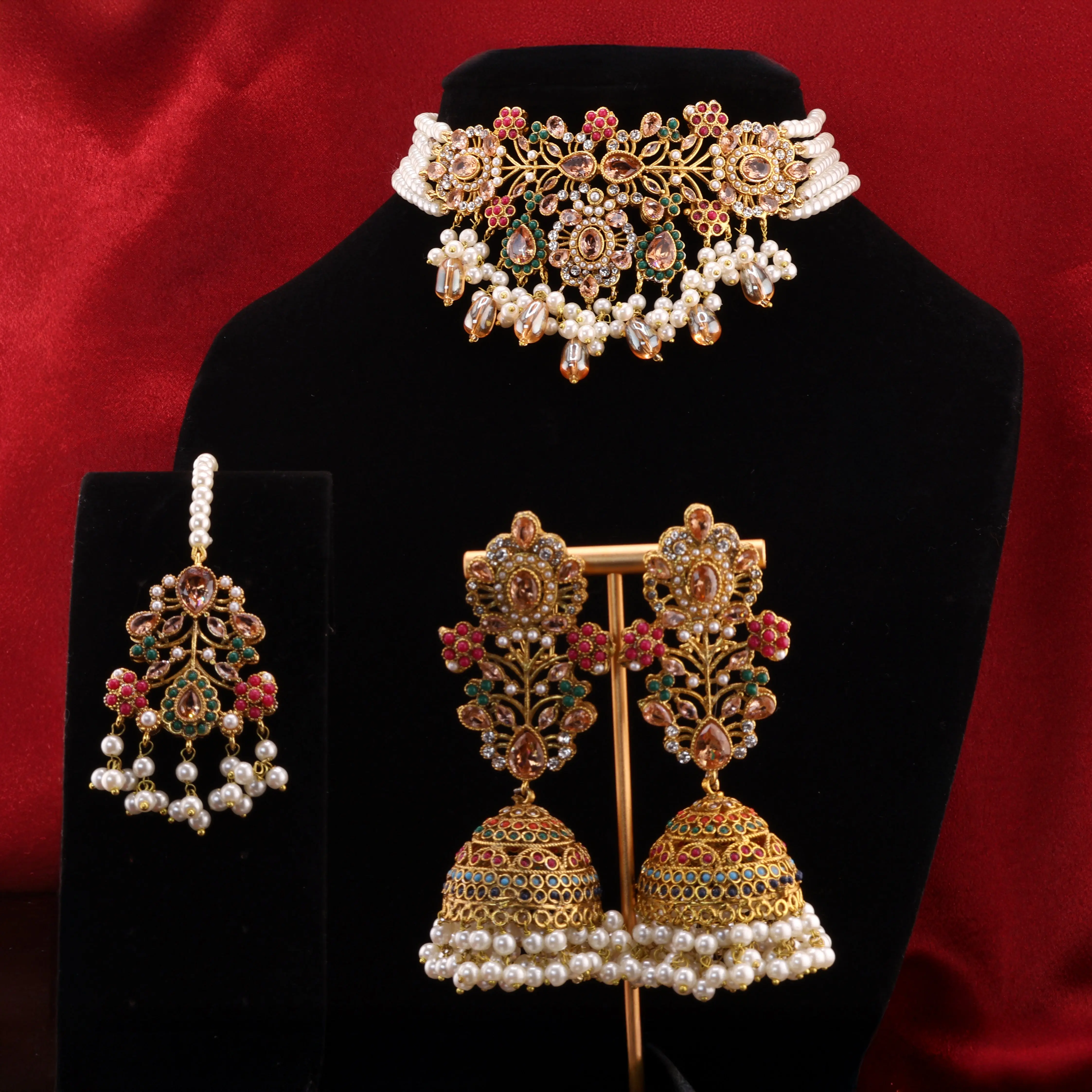 OUDH Antique Gold Kundan Choker Necklace Set with Jhumka Earrings & Tikka | South Asian Indian Pakistani Bridal Jewelry