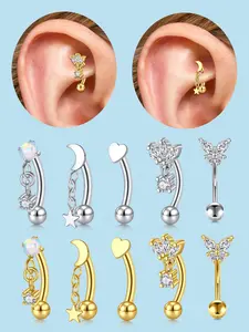 5Pcs/Set Cartilage Earring Cartilage Stud Rook Piercing Jewelry 16G Eyebrow Rings Stainless Steel Curved Barbell Daith Earrings For Women Heart Butterfly Moon Artificial Opal Rook Earrings Vertical Labret Lip Jewelry
