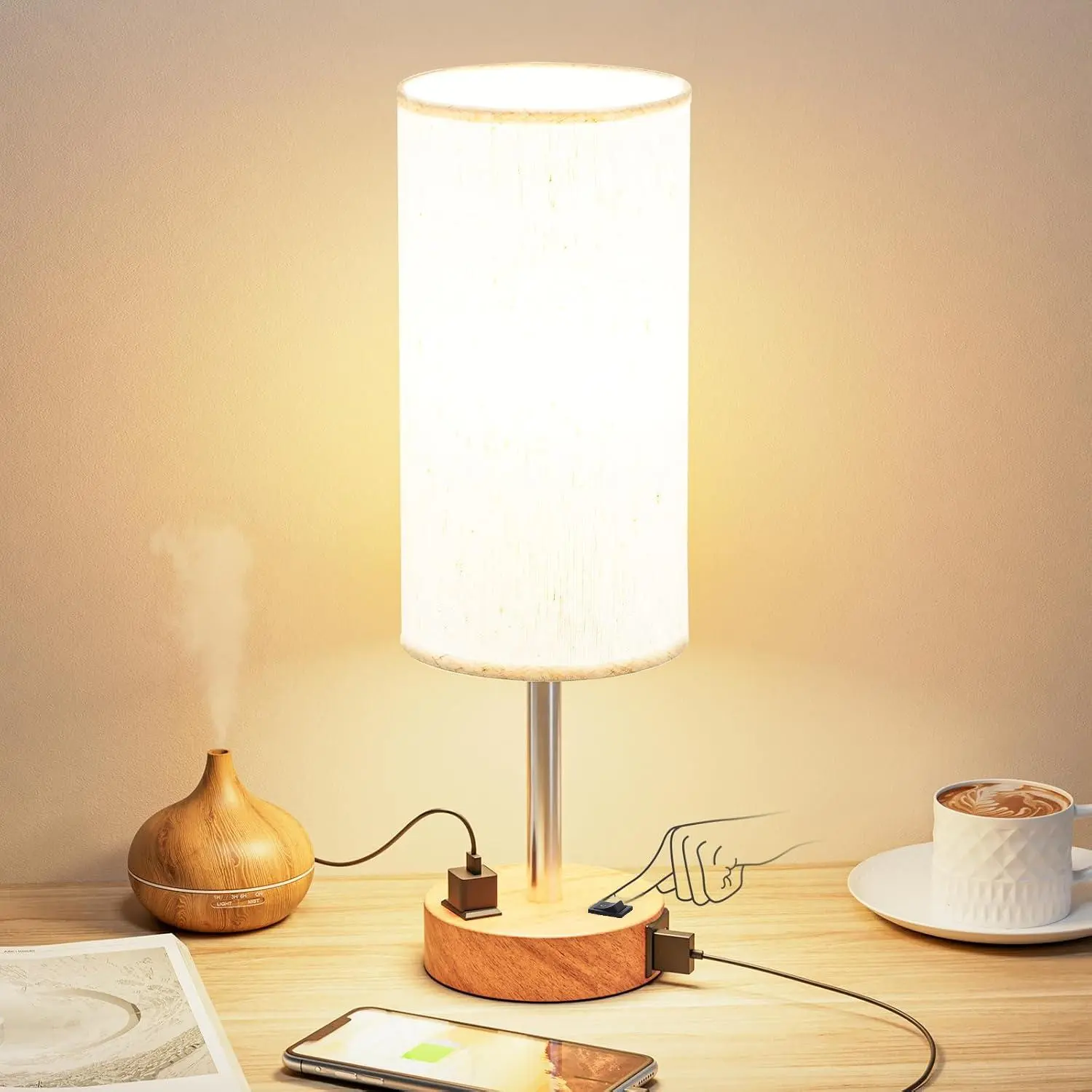 Hoodink Bedside Table Lamp for Bedroom - 3 Way Dimmable Touch Lamp USB C Charging Ports and AC Outlet, Small Lamp Wood/sliver Base Round Flaxen Fabric Shade for Living Room, Desk, LED Bulb Included