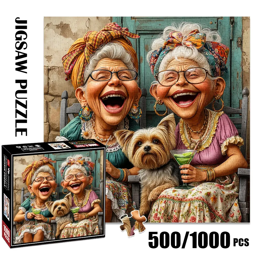 1pc 1000 piece adult puzzle 58x58cm Two Elderly Women with Dog and Cocktails500 pieces paper jigsaw puzzle Art Puzzles Gift suitable for DIY creative games for adults and families, birthday and holiday stress relief