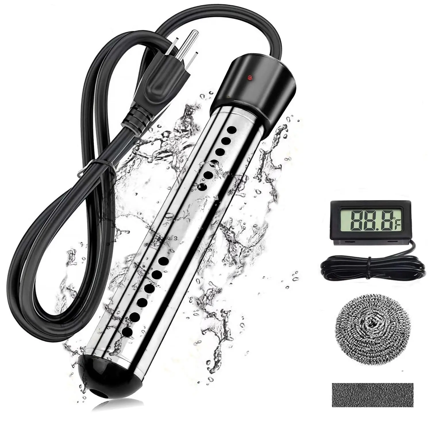 Immersion Water Heater 2000W, Portable Electric Water Heater with LCD Thermometer, 304 Stainless Steel Guard for Fast Heating Bucket, Bathtub, Small Pool