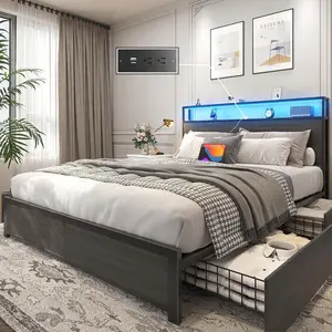 Sturdy Metal Queen Bed Frame with Headboard, Charging Station, Storage Drawer, LED Lights, Queen Mattress-Compatible Bedroom Furniture Set