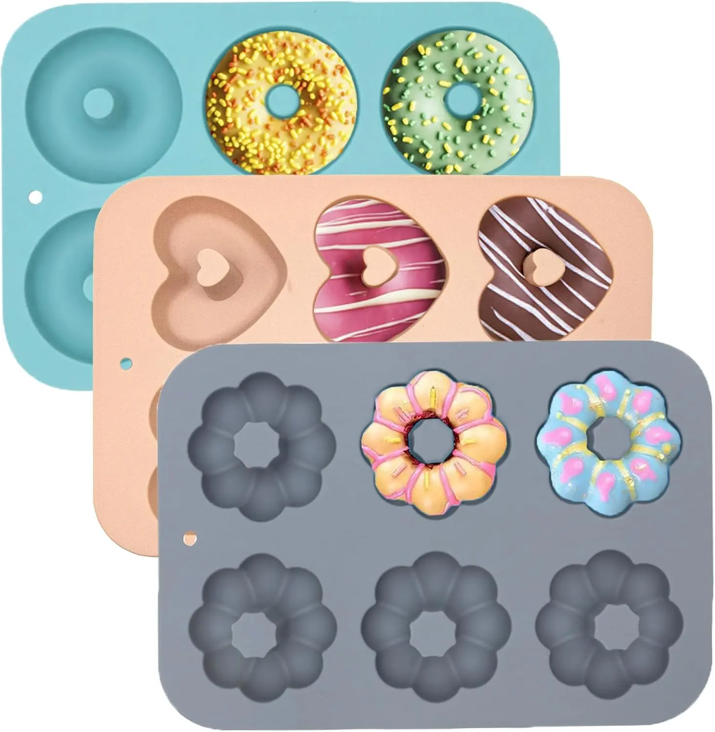 3 Pack Silicone Donut Pan for Baking, Non-Stick Doughnut Pan, 6 Cavity Fluted Tube Cake Silicone Mold for Baking (Blue+Gray+Pink)