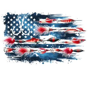 American Flag With Red Fishing Lures Direct To Film Print, DTF Print, Ready To Press Print For T-Shirts