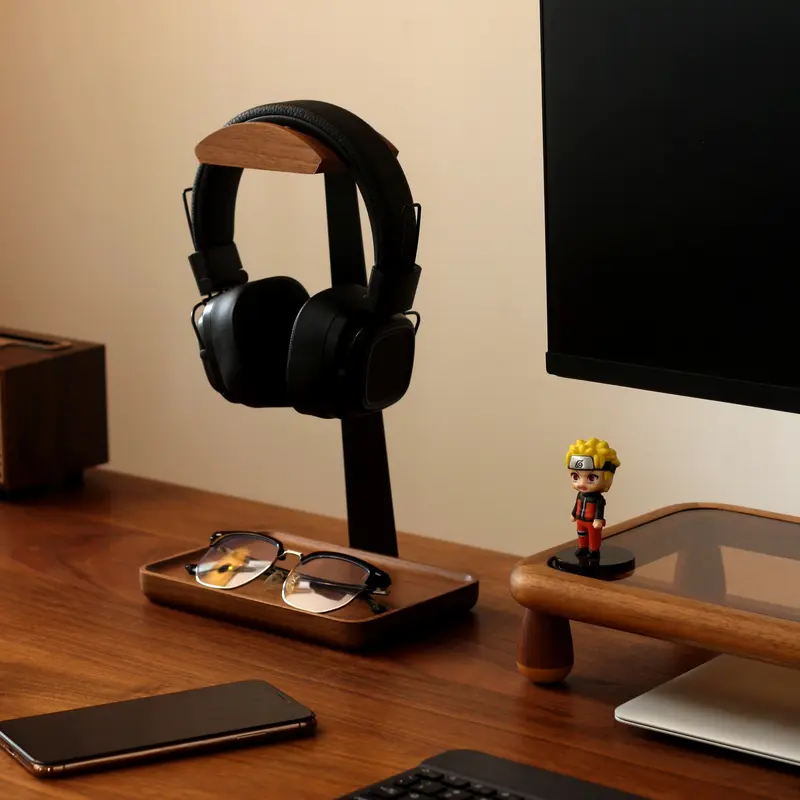 Premium Solid Walnut Wood Headphone Stand - Home Organizer Storage Rack with Base & Box, Gaming Accessory, Enhances Desk Setup, Gift for Boyfriend