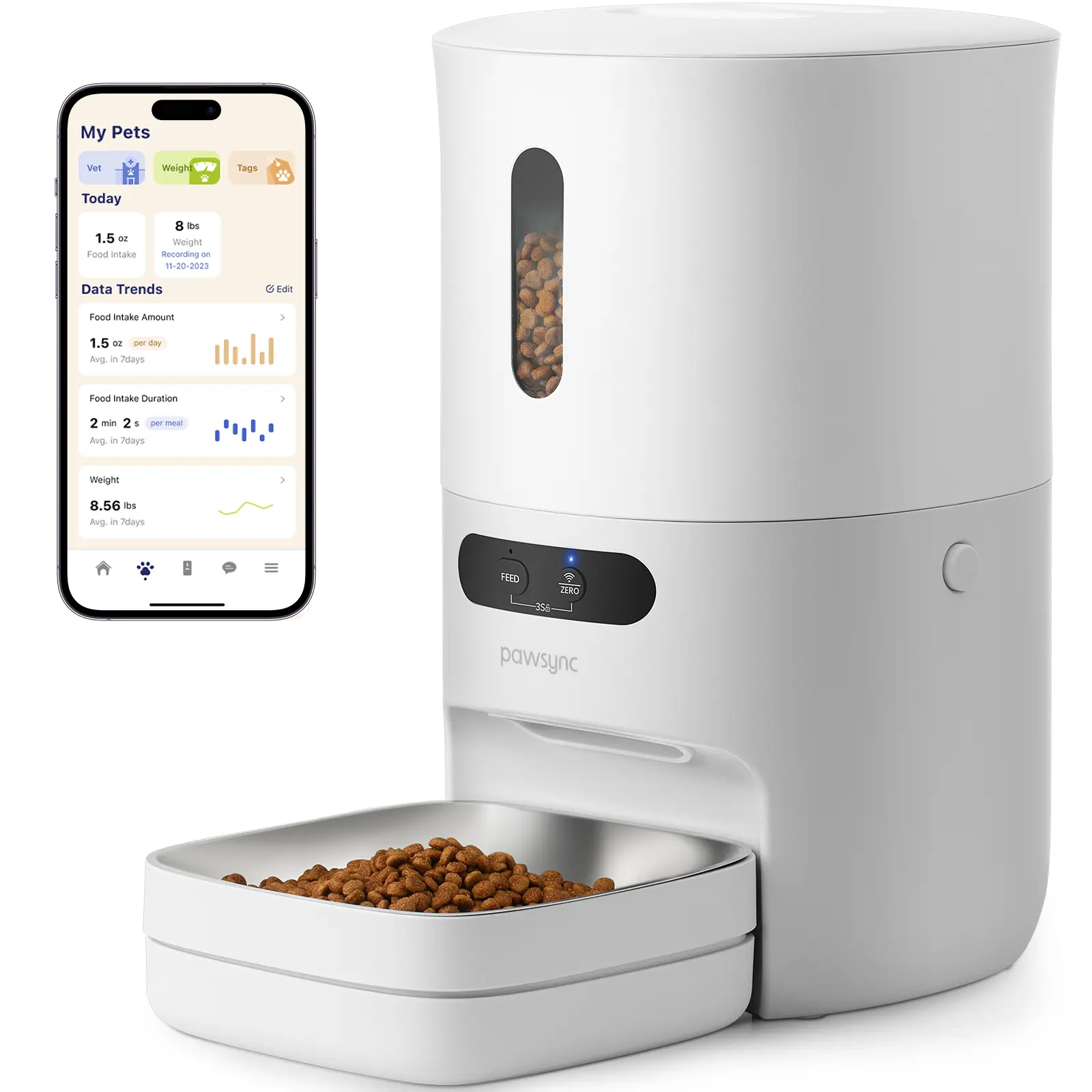 PAWSYNC Automatic Cat Feeder, Smart Scale, Custom Feeding, 3.6L Dispenser for Cats & Small Dog,Stainless Steel Bowl,Desiccant Bag,Dual Power