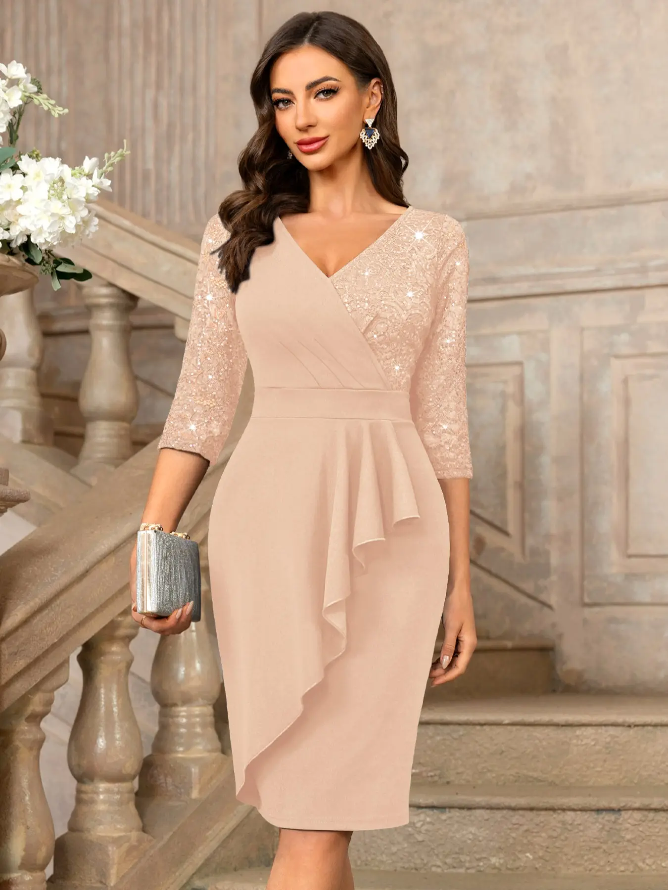 MIUSOL 54520A Classic Elegant Chic Classy V-Neck Sequin Glitter Floral Lace Contrast Ruffle Trim Wrap Hem 3/4 Sleeve Cocktail Party Formal Elegant Evening Wear Stretchy Slim Fitted Dress