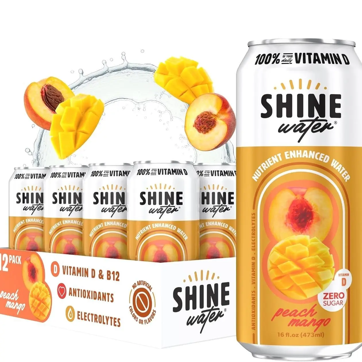 Shine Water Peach Mango Vitamin D Electrolyte Drinks 12-Pack, Sugar Free Flavored Water with Magnesium, Zinc & Antioxidants, Low Calorie Hydration Beverage, Plant-Based Vitamin Water Zero Sugar