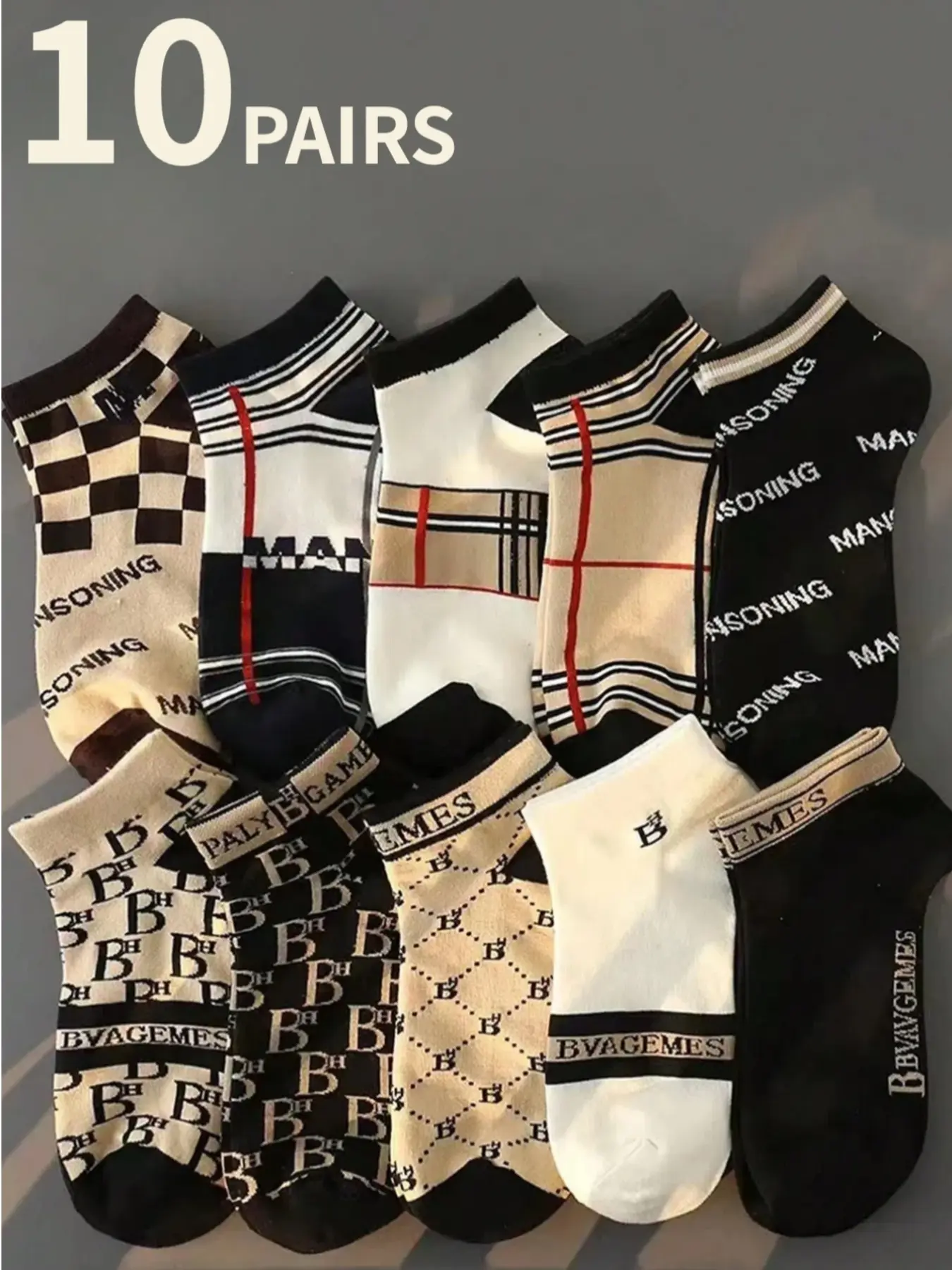 10 pairs of men's ankle socks, fashionable, Checked, Plaid, Casual, versatile and innovative low-top boat socks with a monogram, men's spring and summer Set Sock Set Foot Daily Wear Socks