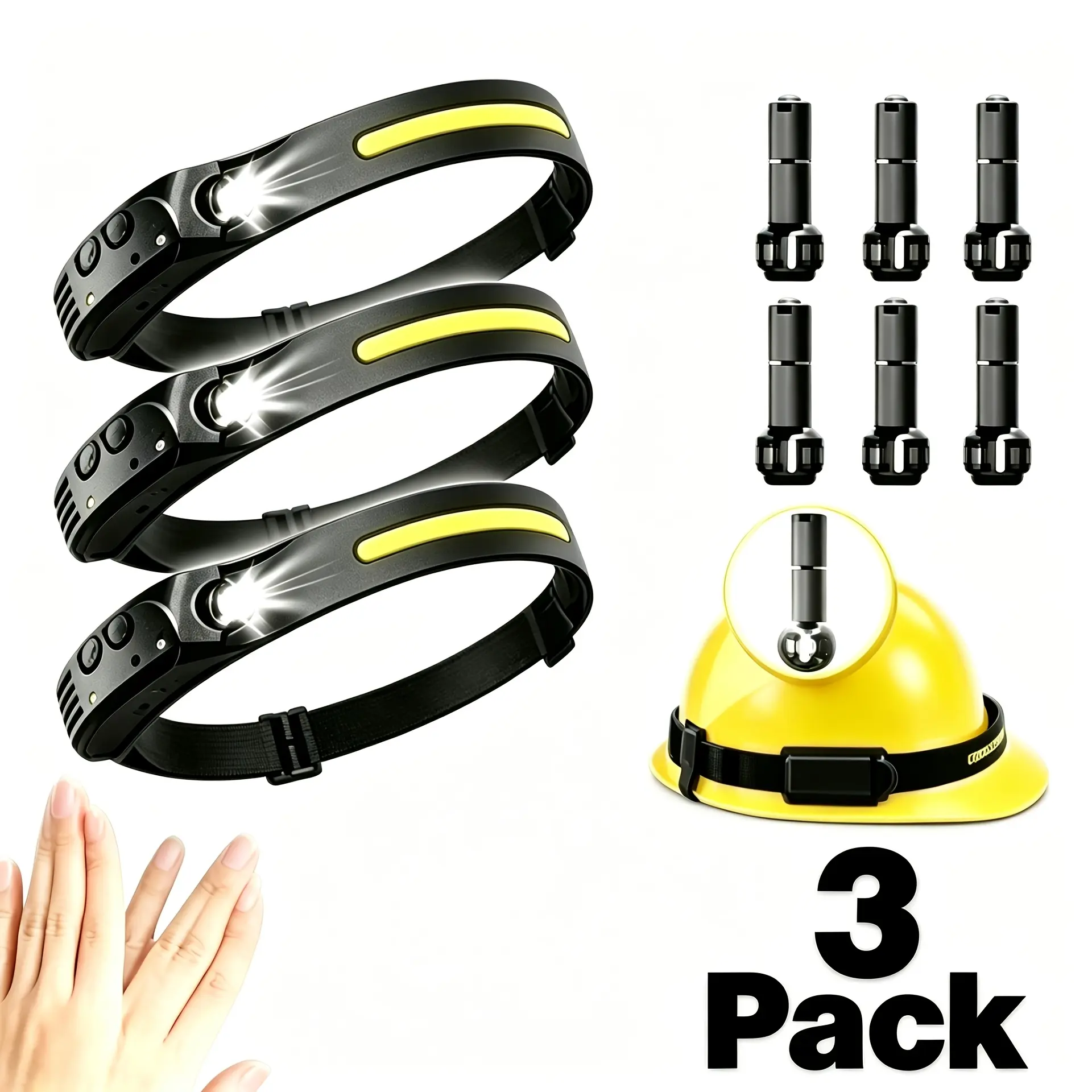 3-Pack Headlamps, USB Rechargeable Hands-Free Sensor Lights with COB Dual Light & Built-in Lithium Cells for Camping & Emergencies, Compact head waterproof, Built-In Li-Ion campingessentials, Batteries Built-In
