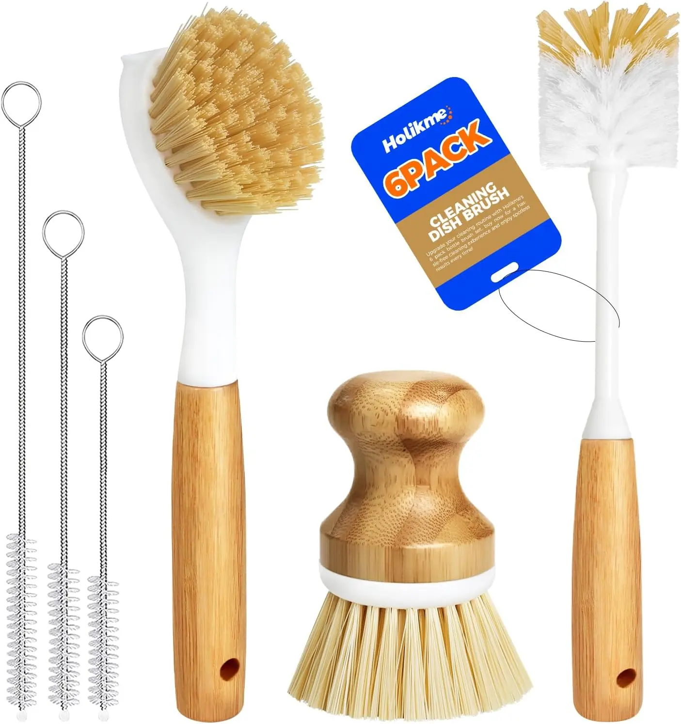 Holikme 6 Pack Dish Brush Set – Kitchen Cleaning Brushes with Vegetable, Bottle & Straw Brush for Pots, Pans & Cast Iron (Yellow)