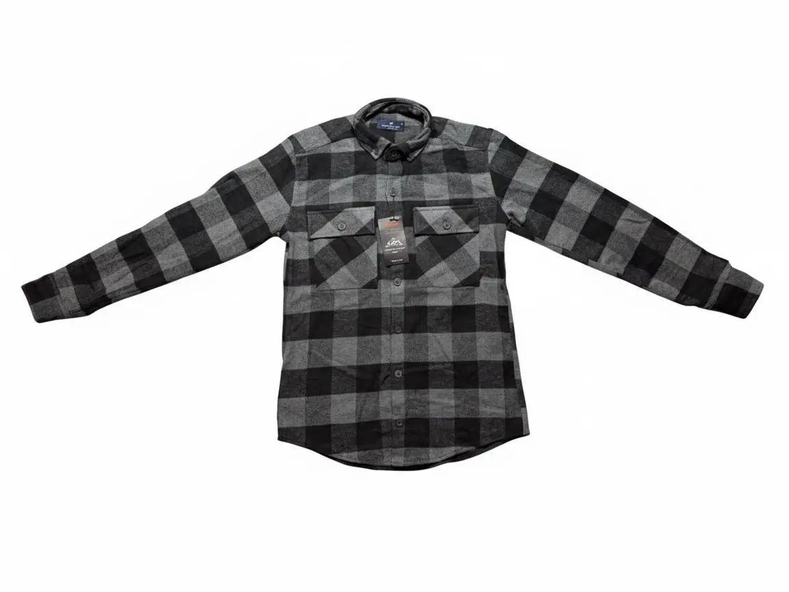 MEN High Quality Warm MADE IN TURKEY Button Down Plaid Casual Shirt in Black and Gray Checkered Design with Chest Pocket for Everyday Wear