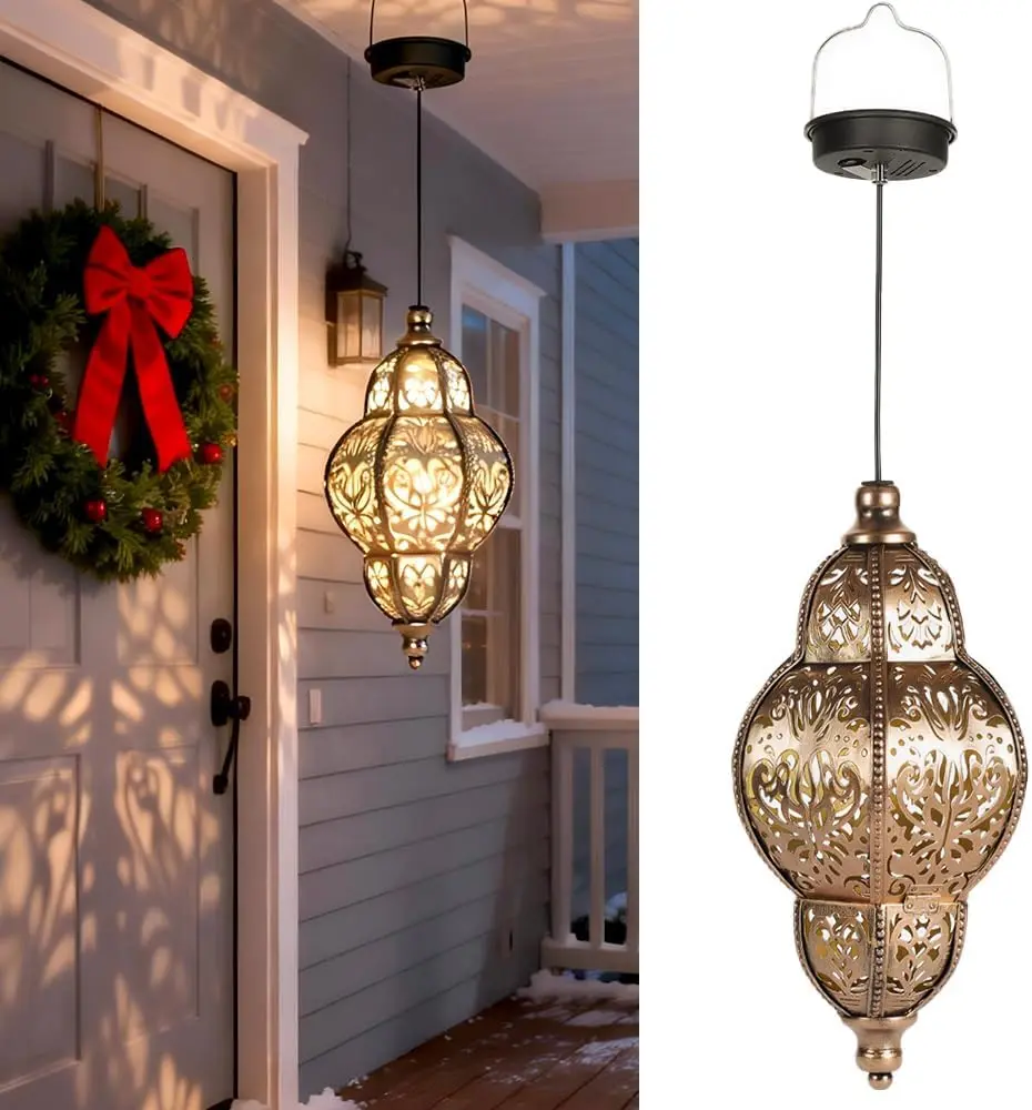 Vintage Hollow Projection Solar Chandelier, Baroque Moroccan-Style Waterproof Metal Outdoor Light, Decorative Solar Lamp for Courtyard, Lawn, Porch & Patio