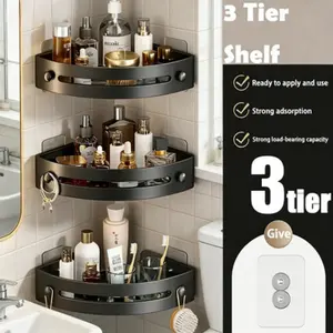 3 Piece Gun Gray Triangular Shower Shelves 3 Tier Corner Rack With Towel Hooks No Drill Adhesive Wall Mount 40 Lbs Load Capacity Plastic Bathroom Storage Organizer