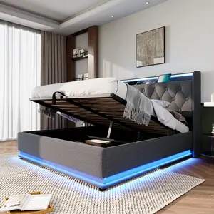 Modern Queen Size Platform Bed Frame with Charging Station, LED Lights and Lift up Storage, Linen Upholstered Queen Storage Bed with Wingback Headboard, Remote Control, Heavy Duty Wooden Slats, No Box Spring Needed, Gray