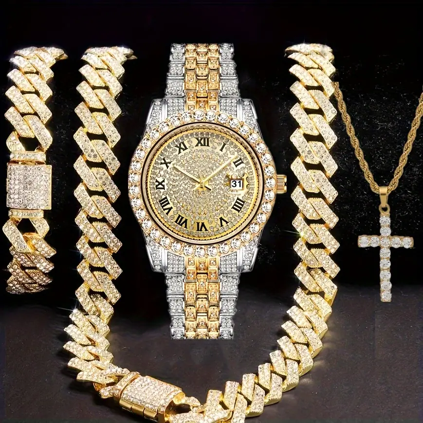 Men's Hip-Hop Jewelry Set, 4-Piece Fashionable Accessories with Iced Out Rhinestone Quartz Watch, 13mm Cuban Bracelet, and Cross Necklace, Accessories Set, Fashionable Jewelry Set