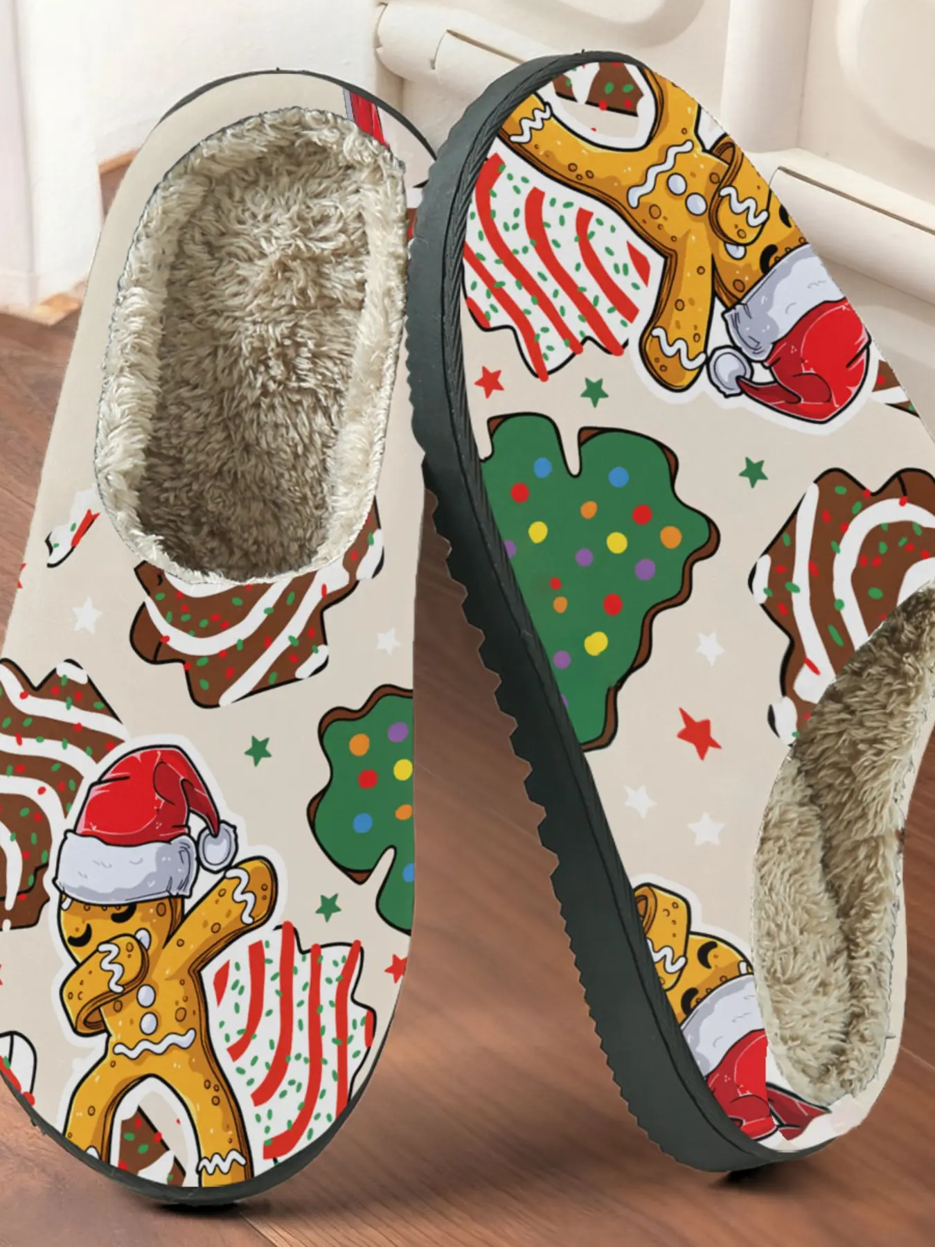 Christmas Gingerbread Man Printed Cotton Slippers, Cute Holiday Style, Plush Lined Anti-Slip Thick Sole, Home Use Men Women Fall Winter Warm Shoes