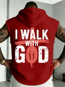 Men’s "I Walk With God" Cross Print Sleeveless Hoodie, Inspirational Faith-Based Gym Tank Top, Faith Based Streetwear, Casual Workout & Daily Wear Hooded Vest#FaithBasedHoodie #IWalkWithGodTank #MensSleevelessHoodie #ChristianGymWear #TikTokFashion